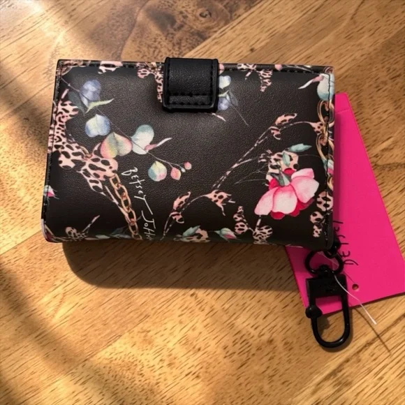 Betsey Johnson Black Floral & Leopard Chain Print Wallet - Picture 2 of 8